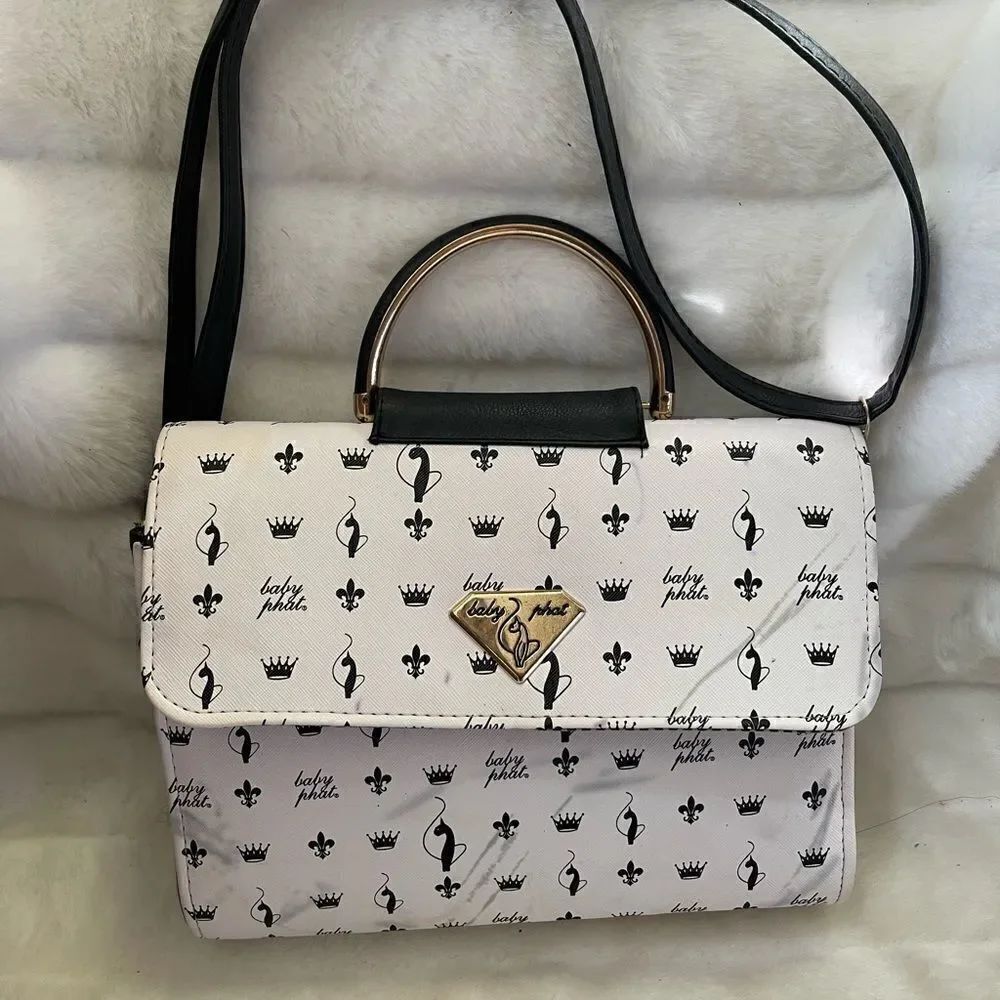 Baby Phat black and white logo satchel/shoulder bag with gold tone accent.